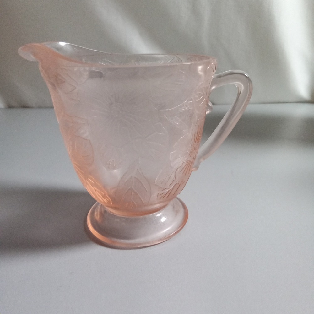 Jeannette Glass Pink Depression Glass Cherry Blossom Footed Creamer Pitcher